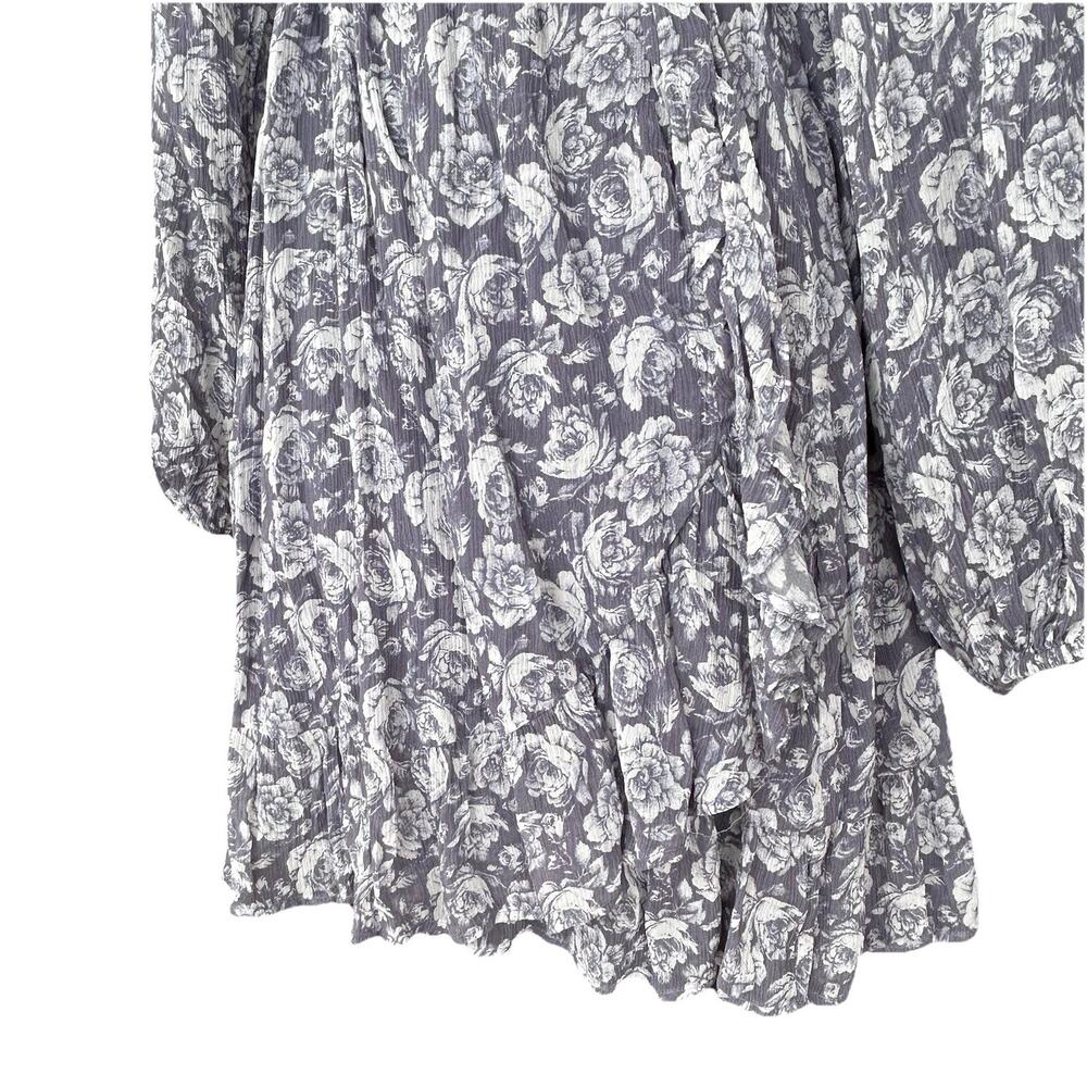 Paige Shawna 100% Silk Floral Paisley Ruffle Wrap Mini Dress Size Med Grey White - Picture 9 of 12